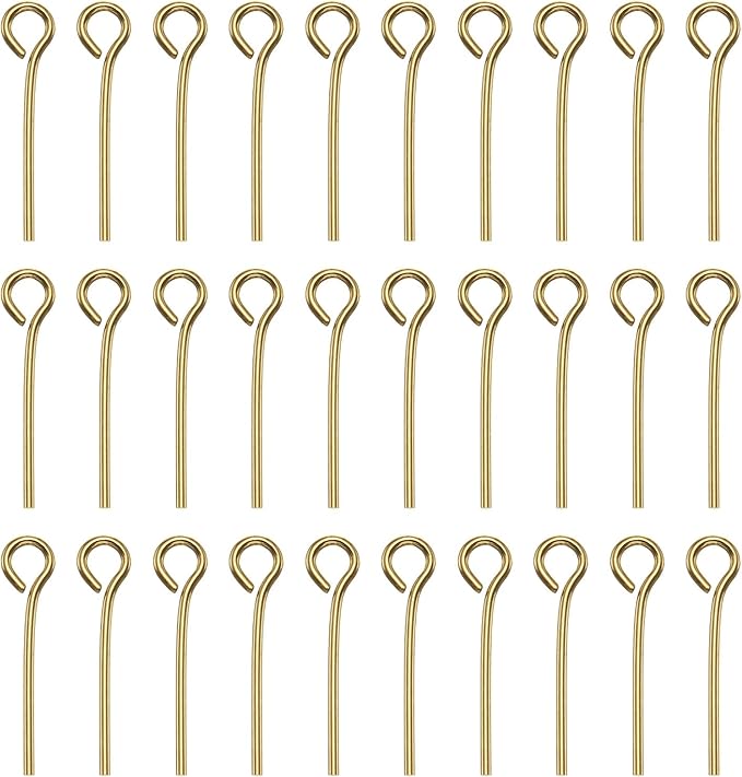 HARFINGTON 100pcs Open Eye Head Pins 0.63" 16mm Mini Metal Wire Eye Pins Beading Small Needles Bulk for Earring Pendant Necklace Bracelet Charm Jewelry Making Findings DIY Craft, 18K Gold