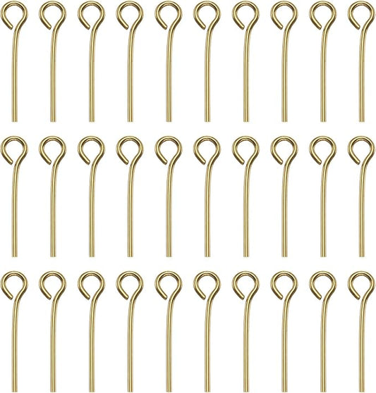 HARFINGTON 100pcs Open Eye Head Pins 0.63" 16mm Mini Metal Wire Eye Pins Beading Small Needles Bulk for Earring Pendant Necklace Bracelet Charm Jewelry Making Findings DIY Craft, 18K Gold