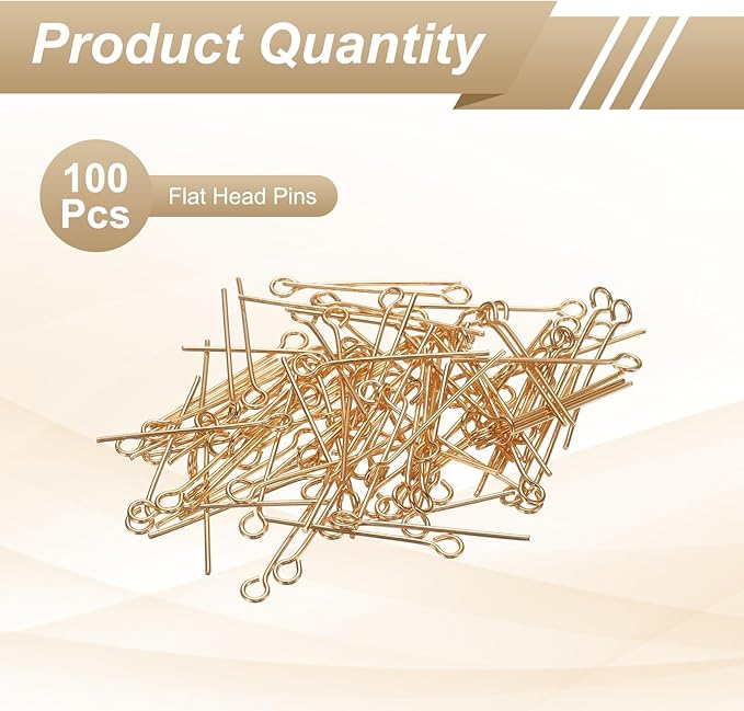 HARFINGTON 100pcs Open Eye Head Pins 0.94" 24mm Mini Metal Wire Eye Pins Beading Small Needles Bulk for Earring Pendant Necklace Bracelet Charm Jewelry Making Findings, Champagne Gold