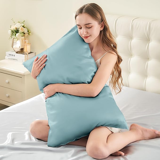 INFIIXSO Mulberry Silk Pillowcase for Hair and Skin, Silk Pillow Cases Queen Size Set of 2 with Hidden Zipper 20x30 Inches, Smooth and Soft Cooling Pillow Cases for Hot Sleepers(Haze Blue, 2 Pack)