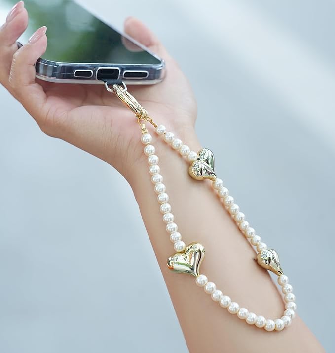 Beaded Phone Wrist Strap for Women Pearl Wristlet Strap Cute Phone Lanyard Golden Heart Shaped Bead Cellphone Chain (Pearl White)