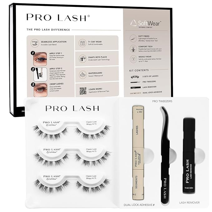 Pro Lash SoftWear Starter Lash Clusters Kit - Seamless, Lightweight Lashes - 7-Day Eyelash Extensions - 3 Sets of False Eyelashes Plus Adhesive, Remover, Tweezers - Classic Luxe Wispy No. 15 Black