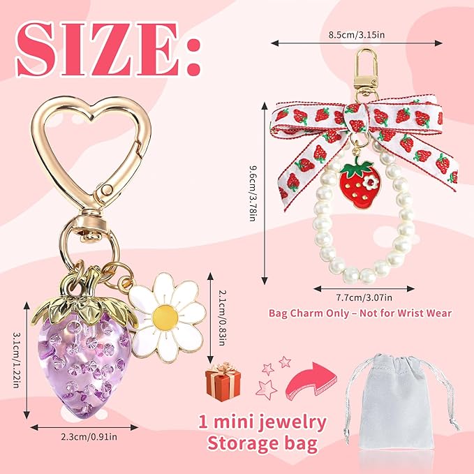 2Pcs Strawberry Keychain Charm Cute Bag Charms Flower Daisy Pearl Bow Keychain Strawberry gift for Women