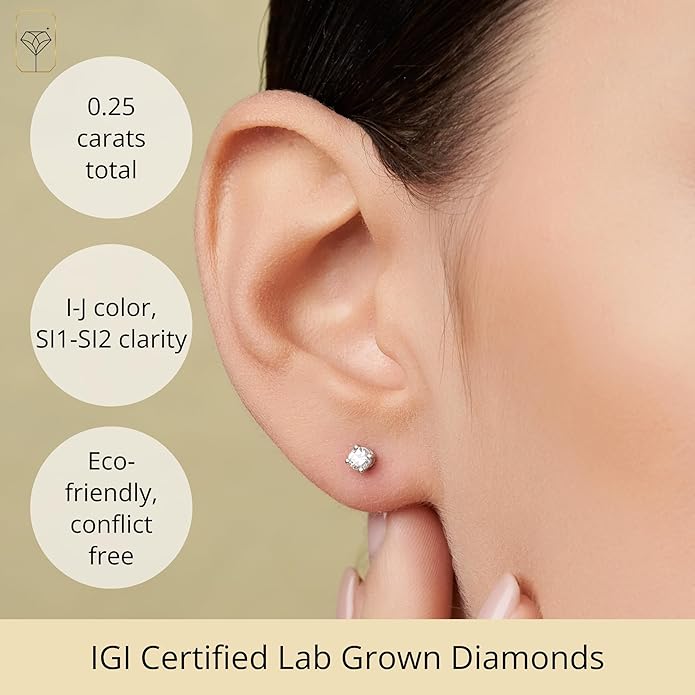 1/4-2 Carat IGI Certified Lab Grown Diamond Stud Earrings | Solitaire Real Diamonds Earring for Women in I-J Color & SI1-SI2 Clarity | 14K Gold Diamond Studs with Secure Backs by MAX + STONE