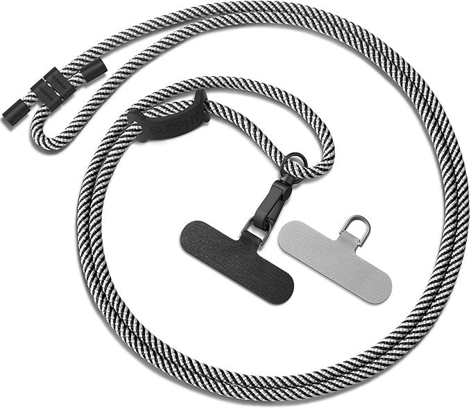SURPHY Phone Lanyard, Adjustable Phone Strap Crossbody with 2 Pack Phone Tether Tab, Premium Metal Buckles and Two-Color Braided Cell Phone Lanyard Crossbody for Women and Men, Black & White