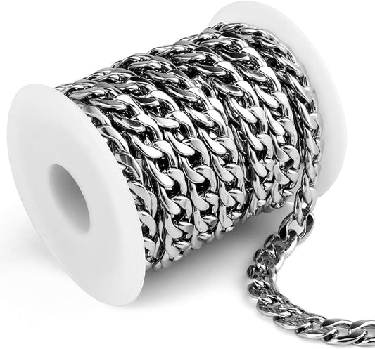 16.5 Ft Stainless Steel Curb Chains, 5mm 6mm 7mm 9mm Cuban Chain Roll Bulk for Jewelry Making