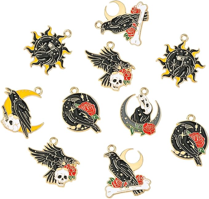 Stiesy 30 Pcs 6 Styles Gothic Black Crow Charms with Skull Sun Moon Enamel Raven with Red Rose Dangle Charm Pendant Bulk for Jewelry Making DIY Bracelet Crafting