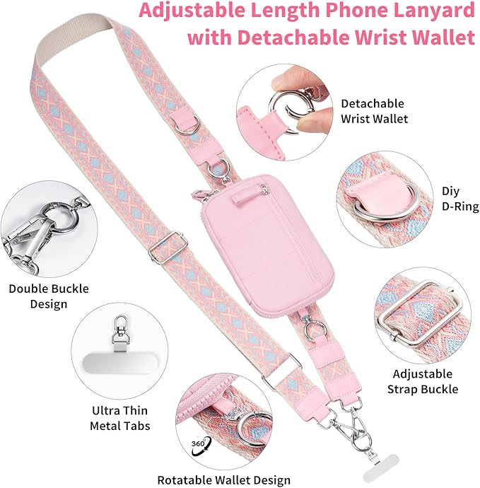 Clip and Go Strap for Phone with Wallet Crossbody Phone Lanyard with Anti-Theft Zipper Pouch Detachable Quilted Wrist Wallet with RFID and ID Window for Daily Travel.