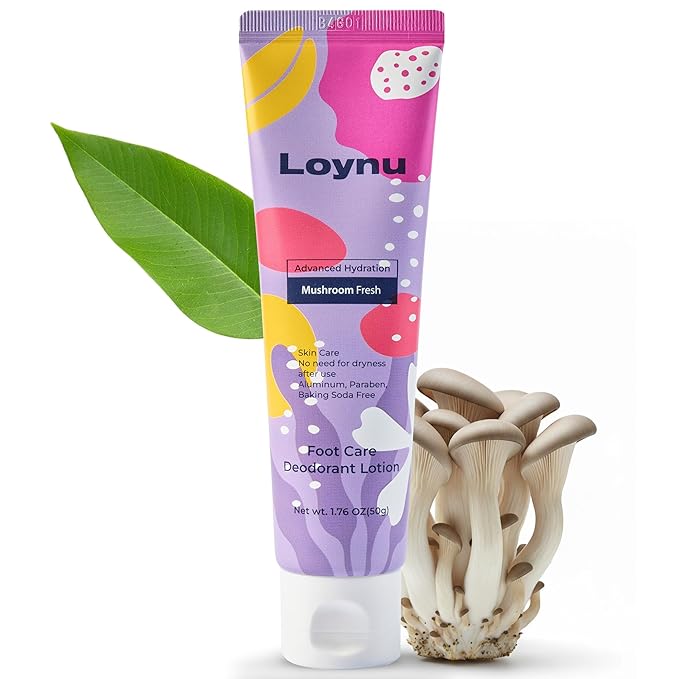 LOYNU Foot Care Deodorant Lotion – Long-Lasting Odor Control & Deep Hydration, Neutralizes Foot Odor, Moisturizes Dry, Cracked Heels, Mushroom Extract Formula for Soft, Healthy-Feeling Feet, 1.76oz