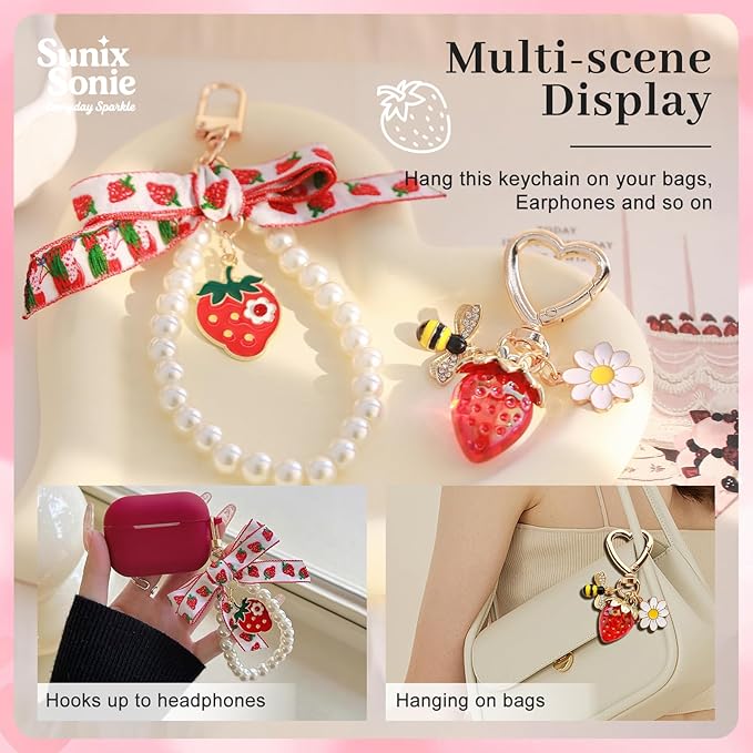 2Pcs Strawberry Keychain Charm Cute Bag Charms Flower Daisy Pearl Bow Keychain Strawberry gift for Women