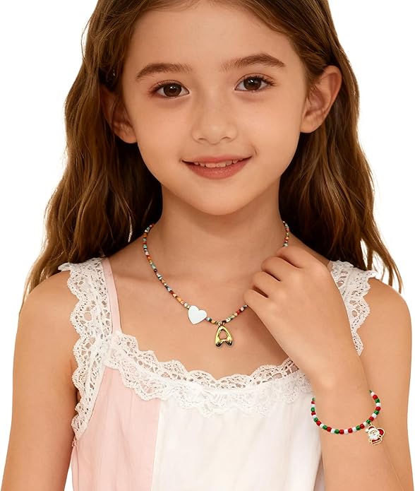I IHAYNER Colorful Beaded Initial Necklace and Bracelet Set for Girls Personalized Letter Jewelry Gifts Trendy Choker Necklace Matching Bracelet Birthday Friendship Gift