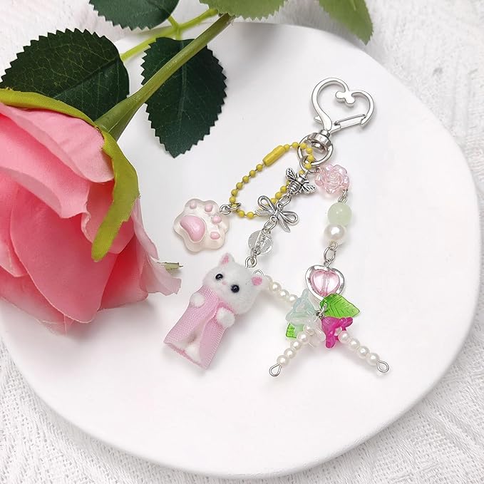 Cute Pink Keychain,Fuzzy Cat Keychain Aesthetic Y2K KeychainStylish KeychainsAccessories