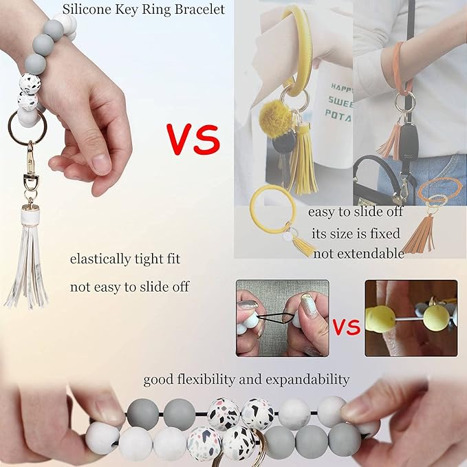BIHRTC Key Ring Bracelet Car Keychain Holder Wristlet Silicone Women Beaded Bangle Chains