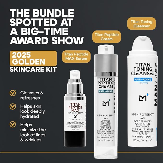 Man Labs Titan 3-Piece Anti-Aging Mens Skin Care Kit – Wash, Face Serum, Mens Face Moisturizer – Men, Skin Care Set – Dark Spots, Wrinkles, Fine Lines – Vitamin C, Peptides, Niacinamide, HA –Unscented