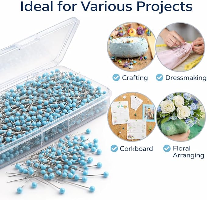 Sewing Pins for Fabric,Sewing Pins with Heads,Quilting Pins Long, Straight Pins Sewing, Glass Head Sewing Pin, 1.75 Inch Blue Glass Head Straight Pins, 600 PCS for Quilting, Sewing and Crafts