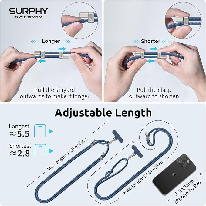 SURPHY Phone Lanyard, Adjustable Phone Strap Crossbody with 2 Pack Cell Phone Tether Tab, Premium Metal Buckles, Skin-Friendly, Universal Cell Phone Lanyard Crossbody for Women and Men, Denim Blue
