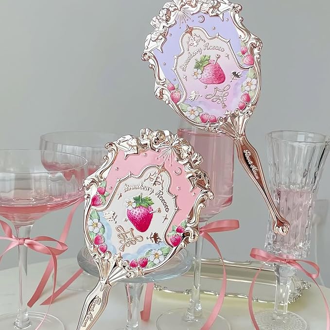 Flower Knows Strawberry Rococo Hand Mirror,Vintage Portable Handheld Mirror,Fancy & Pretty Princess Mirror with Long Handle,Gift for Girls(Soft Pink)