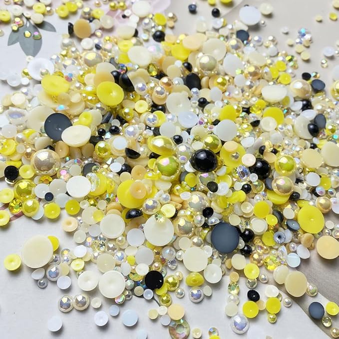 100g Mix Resin Rhinestones Flatback Half Round Pearls Mixed Size 3mm-10mm AB Color Half Pearls Resin Rhinestones for DIY Craft Nail Art Shoes Clothes Phone Case (Yellow Series)