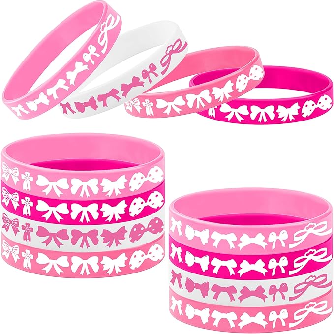 24PCS Pink Bow Silicone Bracelet Party Favors -Bow Rubber Bracelet Party Supplies Decorations Birthday Baby Shower Holiday Class Prizes Party Gifts