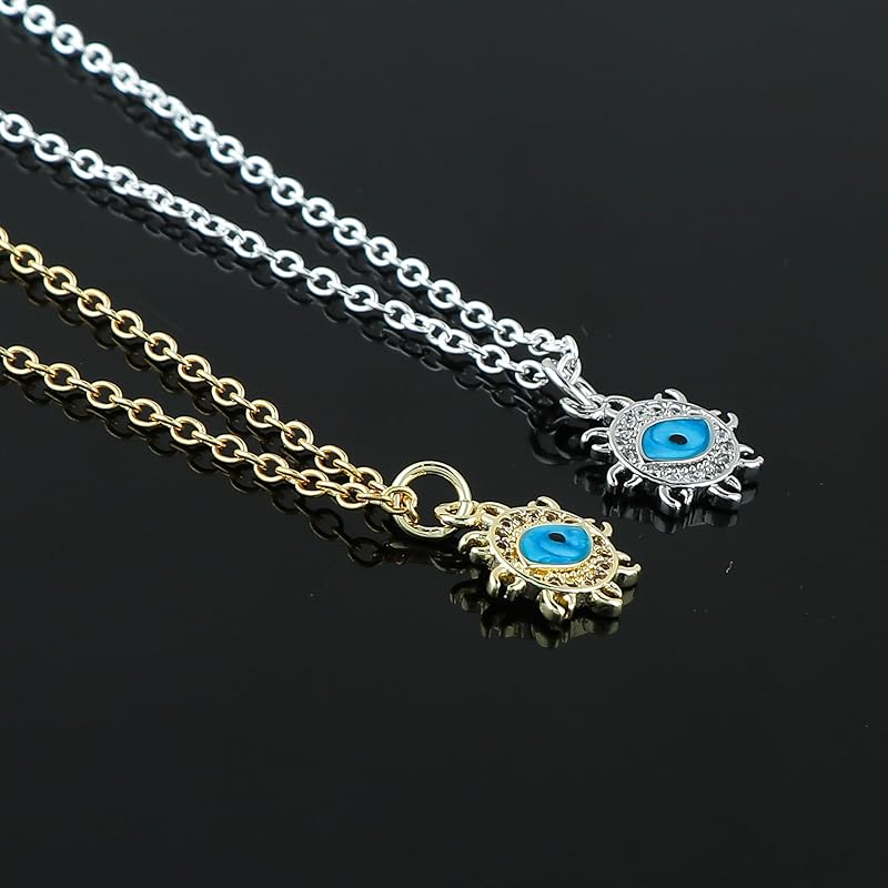 JOR Evil Eye Charm Pendant Necklace, Women Jewelry, Dainty Gold & Silver Plated Chain 18 inch (Pack of 2)