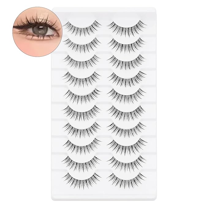 outopen 10 Pairs Manga Lashes Natural Look Clear Band Lashes Japanese Anime Eyelashes Asian Style False Eyelashes Wispy Thin Band False Lashes Korean Makeup Fake Eyelashes Fairy Lash Clusters