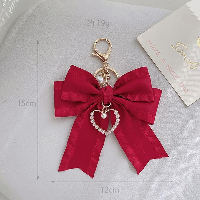 Ribbon Bowknot Bag Charms, Cute Pearl Heart Keyring Holder Purse Hanging Decorations Bag Handbag Pendant