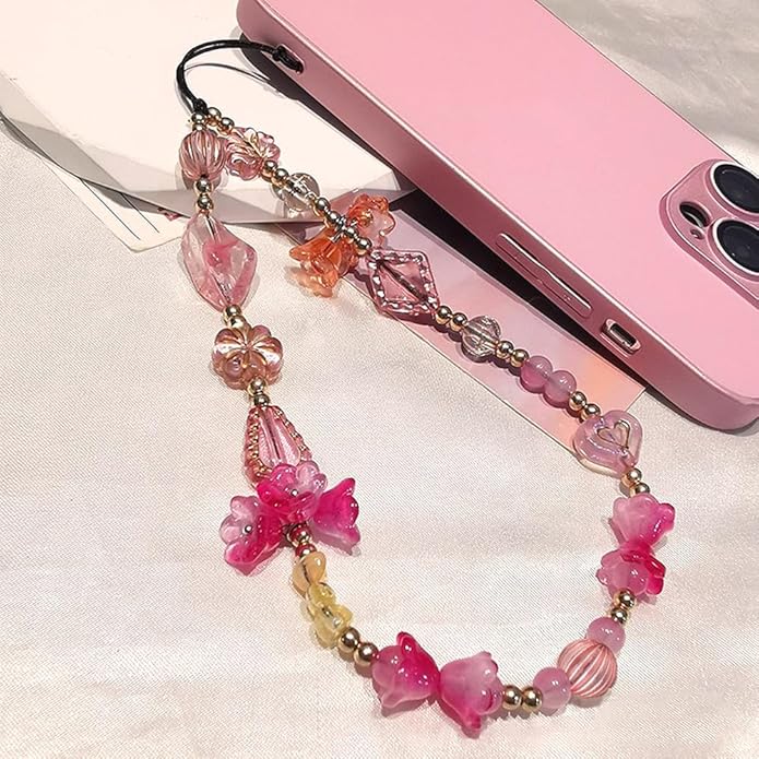 Resin Flower Phone Charm Wrist Strap Phone Chain Wristlet Beaded Camera Wrist Strap Cute Cellphone Charms Beaded Bag Charm Vintage Cellphone Keychain Aesthetic Purse Charms Decorations for Women