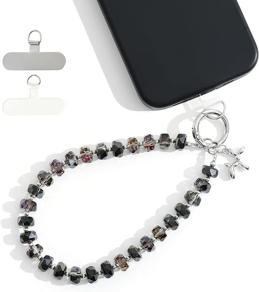 Crystal Phone Wrist Strap Phone Charm Chain Keychain Beaded Cellphone Lanyard with Tether Tab Hands-Free Wristlet Bracelet Wrist Grip Strap for Women, W-Black
