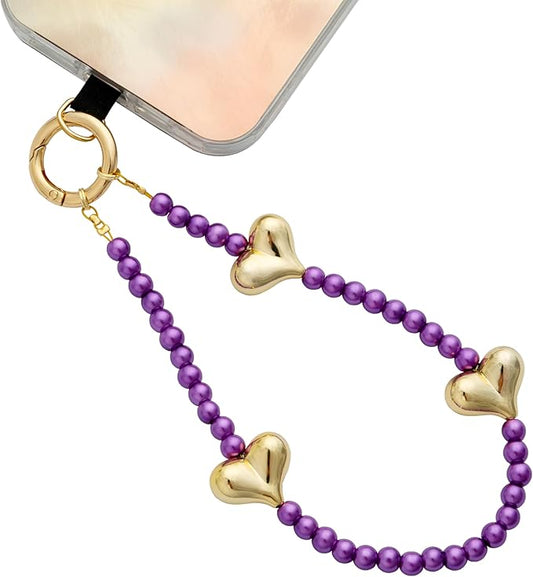 Beaded Phone Wrist Strap for Women Pearl Wristlet Strap Cute Phone Lanyard Golden Heart Shaped Bead Cellphone Chain (Rose Purple)