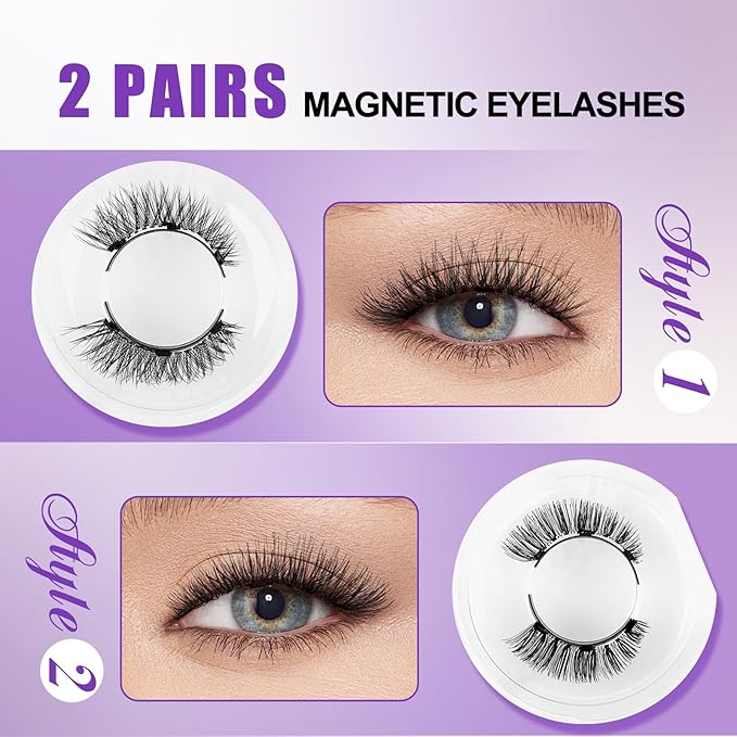2-Pairs Magnetic Eyelashes Kit with Applicator: Wendy Natural Reusable False Lash Soft Waterproof False Lash No Glue Needed, K8-604-X1