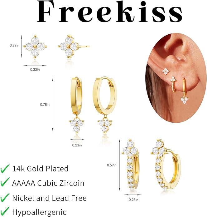 Freekiss 3 Pairs Gold Hoop Earrings Set: Dainty Stud Earrings Trendy Small 14K Gold Plated Hypoallergenic Dangle Cartilage Huggie Hoop Earrings for Women Gold Jewelry for Women Gifts