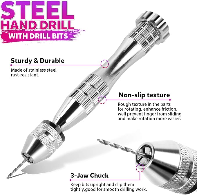 LEOBRO Hand Drill, 222 PCS Pin Vise Hand Drill with Drill Bits(0.8 mm-3 mm), Needle Nose Pliers, Keychain Making Kit, Jewelry Making Supplies, Hand Drill Tools for Jewelry Keychains Making