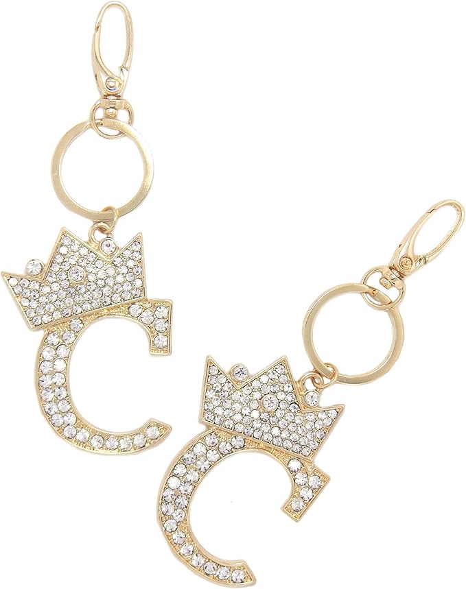 CBC Crown Crystal Rhinestone Letter Initial Keychain, Gold Metal, Bag Charm with Key Ring Approx. 2.17" x 2.56"
