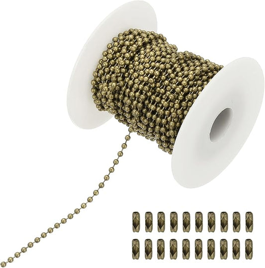 PATIKIL 10m/32.8ft Beaded Ball Chain, 2.4mm Stainless Steel Pull Chain Extension with 20 Pcs Connectors for Tag Chain, Keychain Rings, DIY Crafts, Bronze