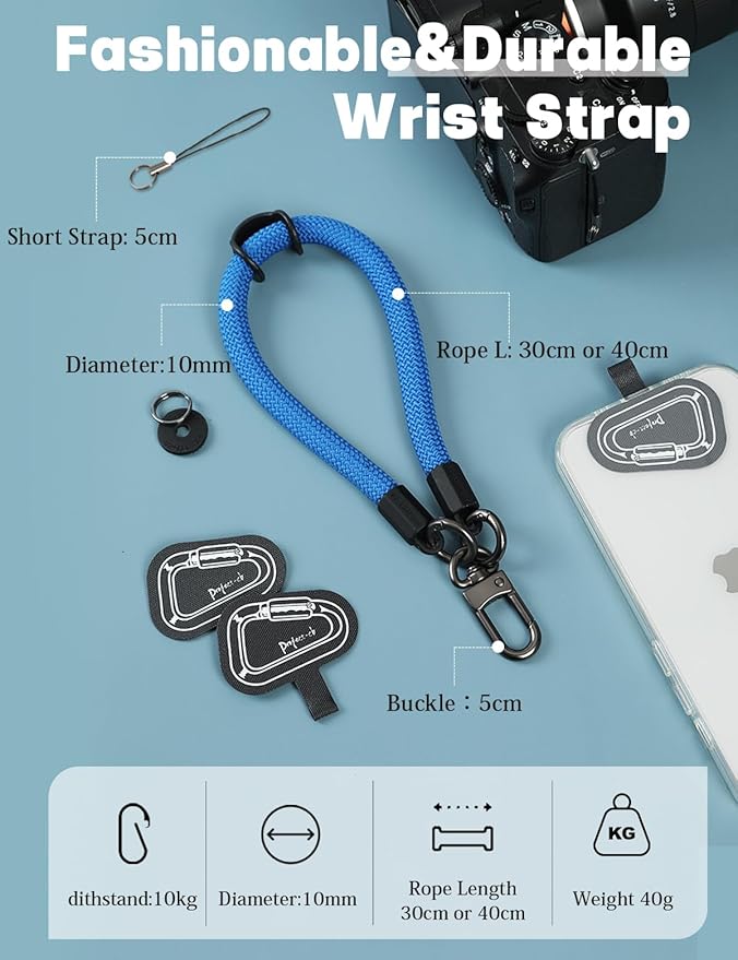 project-cb Hand Wrist Phone Strap,Phone Lanyard Patch ×2,Cell Phone Case Holder,Wristlet Strap for Key,AirPods,Camera (Blue, 15.7inch)