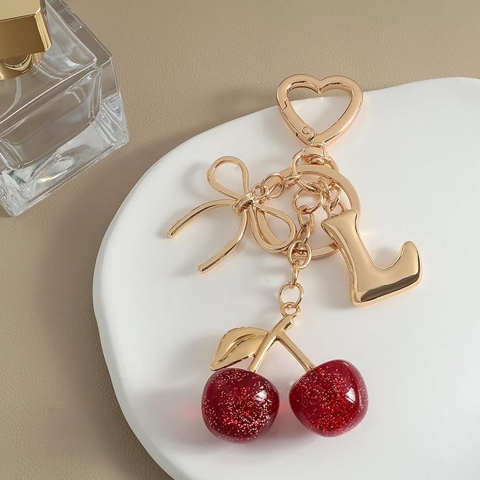 Snycler Bubble Initial Keychain with Cherry & Bow - Gold Letter Bag Charms for Women, Cute Purse Handbag Accessories