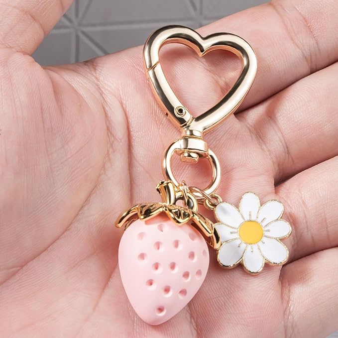 Wikavanli Cute Strawberry Keychain,Bag Charms,Kawaii Heart Flower Daisy Key chains Accessories Decor for Women Girls Purse