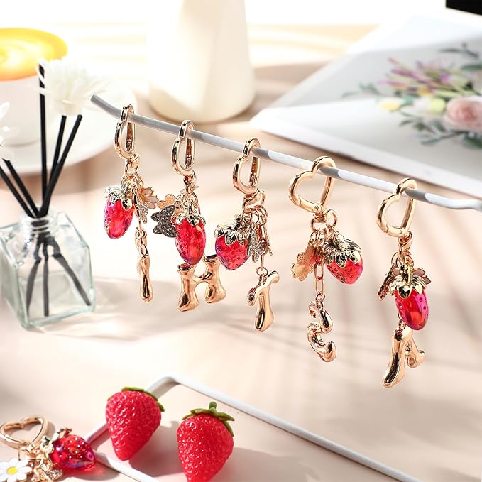 Strawberry Initial Keychain for Women-Cute Kawaii Gold Alphabet Bag Charms, Key chain Gift for Purse Handbag