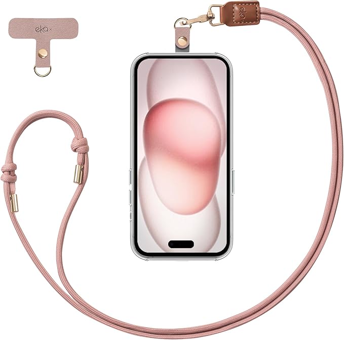 Phone Lanyard, 1x Customizable Crossbody Neck Phone Strap, 1x Removable PU Leather Tab, Hands-Free Holder for Cell Phones, Earphones, Badges & Keys, Travel Essentials Accessories (Rose Pink)