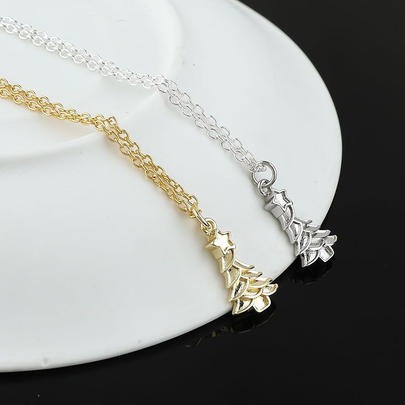 JOR Christmas Tree Charm Pendant Necklace, Women Jewelry, Dainty Gold & Silver Plated Combo Chain 18 inch (Pack of 2)