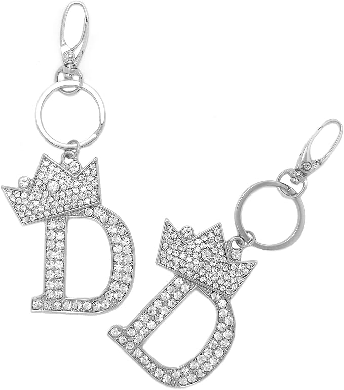 CBC Crown Crystal Rhinestone Letter Initial Keychain, Gold Metal, Bag Charm with Key Ring Approx. 2.17" x 2.56"