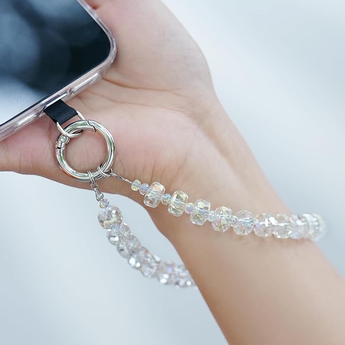 Crystal Beaded Phone Wrist Strap Glass Beads Bracelet Lanyard Crystal Chain Cell Phone Wristlet Strap for Women (Transparent)