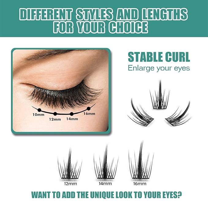 DIY Eyelash Extension, 3D Effect Glue Bonded Band Individual Lash 48 Clusters Volume Lashes Set, Home Eyelash Extension, C curl Lashes Pack 12MM-Spikes-48 Clusters