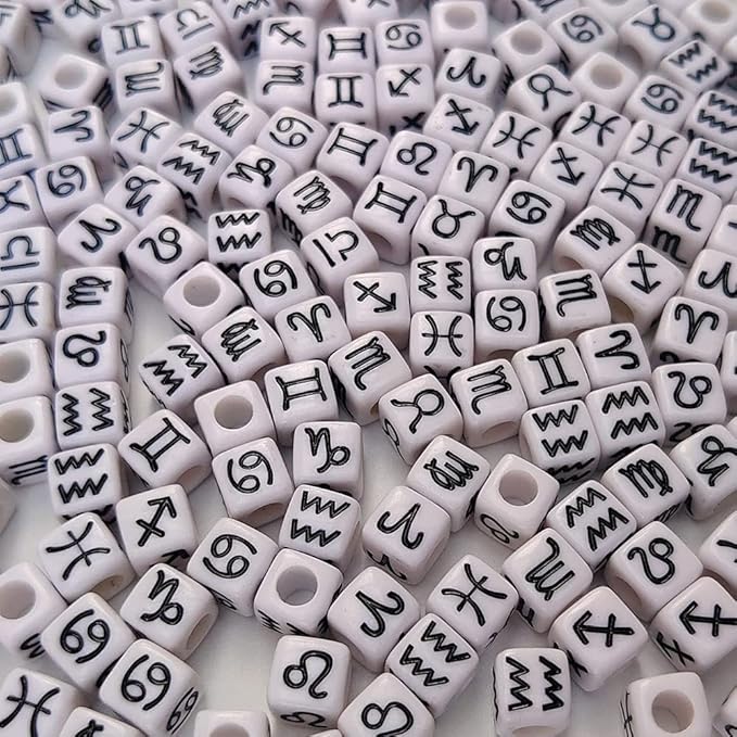 200+ Pieces 7x7mm White Cube Acrylic Alphabet Zodiac Charms Constellation Beads Mixed Plastic Shape Loose Beads for Jewelry Making Bracelets Necklaces Key Chains (Black on White)