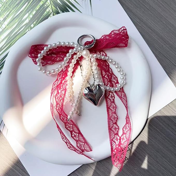 Pearl Bow Keychain Cute Y2k Lace Bowknot Keychain Coquette Aesthetic Accessories Bag Purse Handbag Backpack Charm