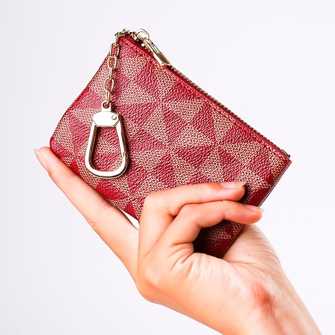 Leather Coin Purse for Women with KeyChain Small Zipper Change Purse coin Pouch Card Holder Wallet Clutch for Women & Men(Claret)