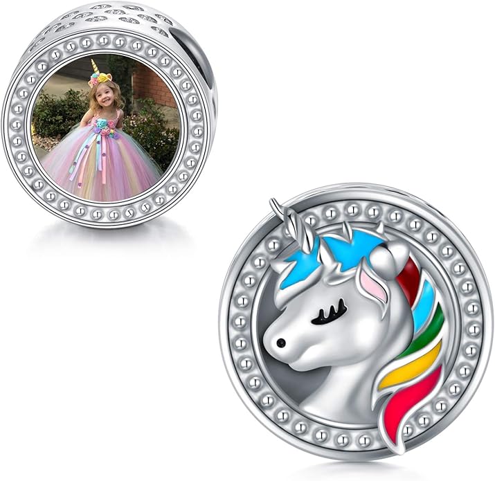 LONAGO 925 Sterling Silver Personalized Photo Charm Fit Compatible for Bracelet Necklace Customized Heart Round Shape Picture Bead