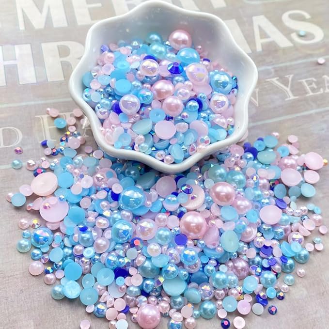 100g Mix Resin Rhinestones Flatback Half Round Pearls Mixed Size 3mm-10mm AB Color Half Pearls Resin Rhinestones for DIY Craft Nail Art Shoes Clothes Phone Case (Aquamarine/Pink Series)