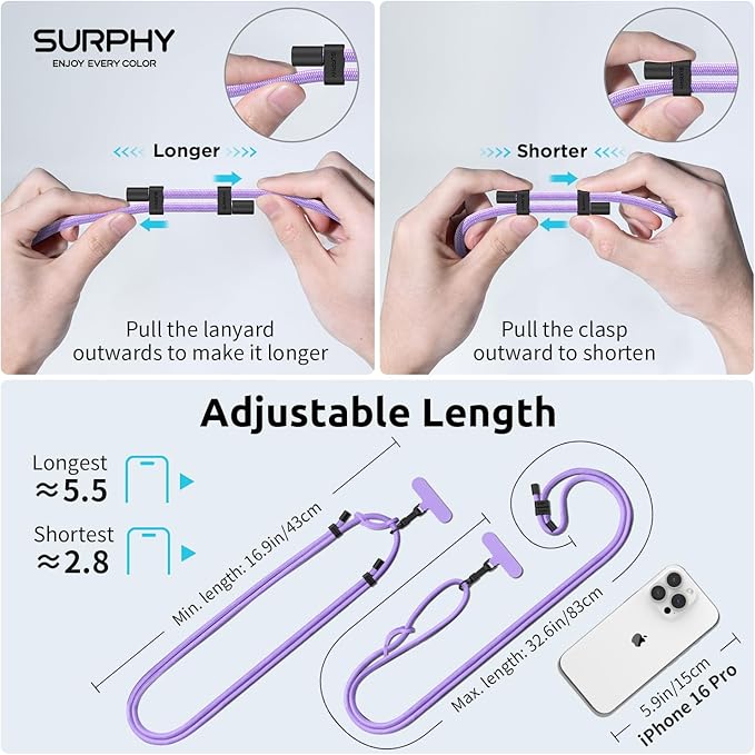 SURPHY Phone Lanyard, Adjustable Phone Strap Crossbody with 2 Pack Phone Tether Tab, Premium Metal Buckles, Skin-Friendly, Universal Cell Phone Lanyard Crossbody for Women and Men, Purple