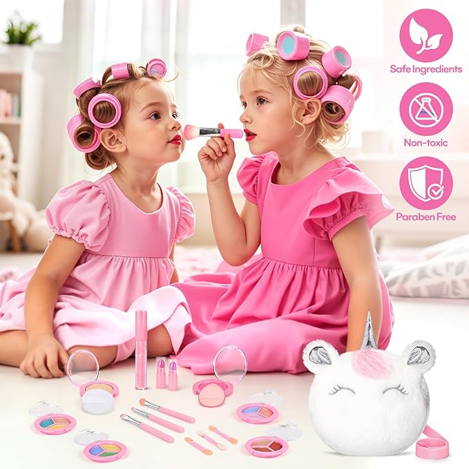 Kids Real Makeup Kit for Girls 3-10 Years Old : Washable Non Toxic Make Up Toys Sets for Toddler - 17Pcs Vanity Set with Unicorn Purse for Little Girl Ages 3 4 5 6 7 8 Birthday Gifts -White